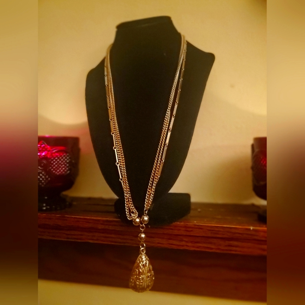 Tear Drop Orb (hollow) Necklace Vintage 3 Strands gold tone statement TRIFARI